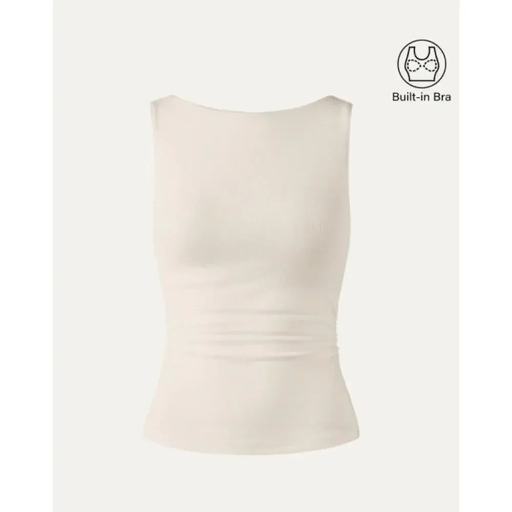 OGL Top Size M NEW Boat Neck Ruched Elastic Open Back Brami Tank Ivory Cream - Picture 2 of 15